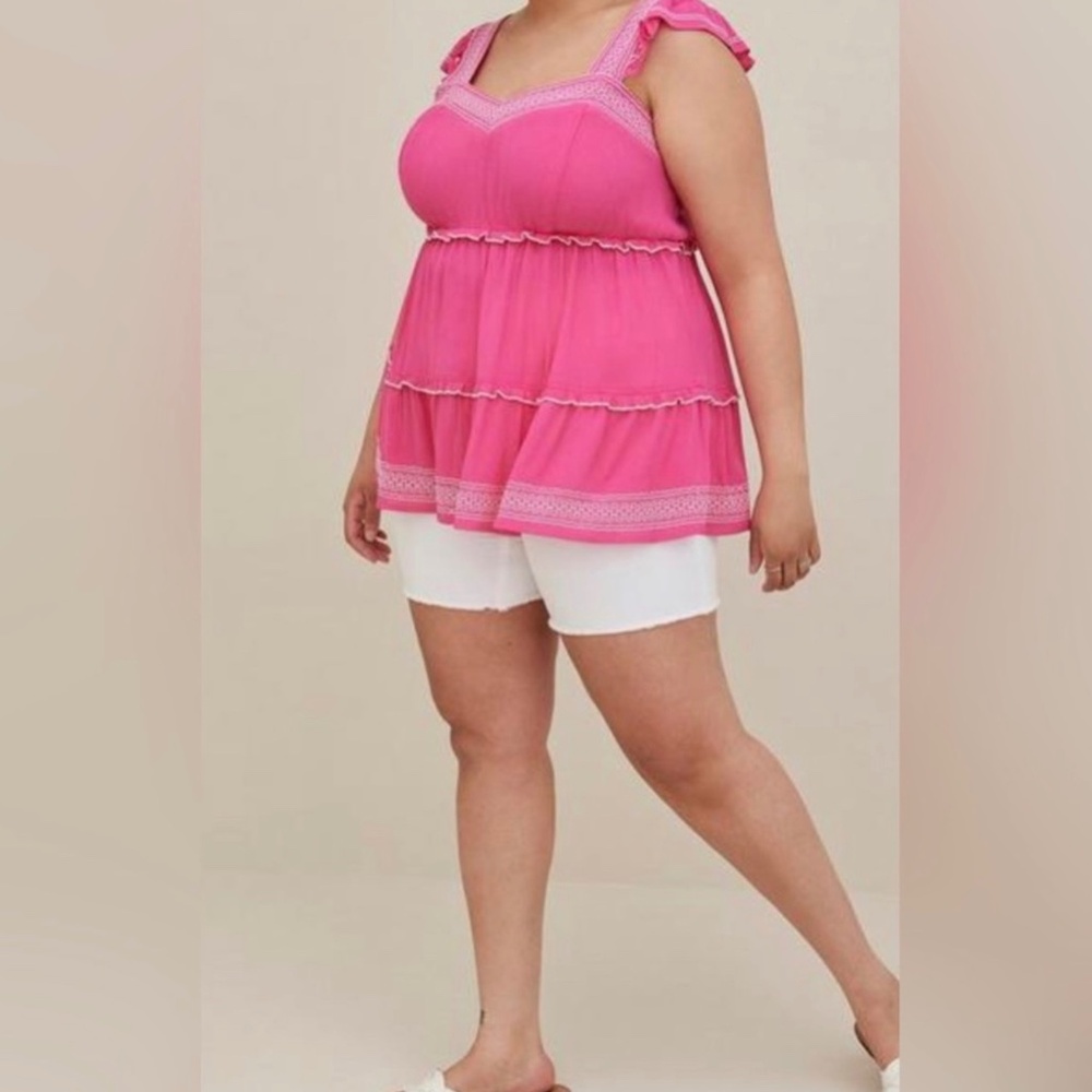 Torrid Babydoll Sleeveless Gauze Embroidered Tiered Beach Pink Top Large
